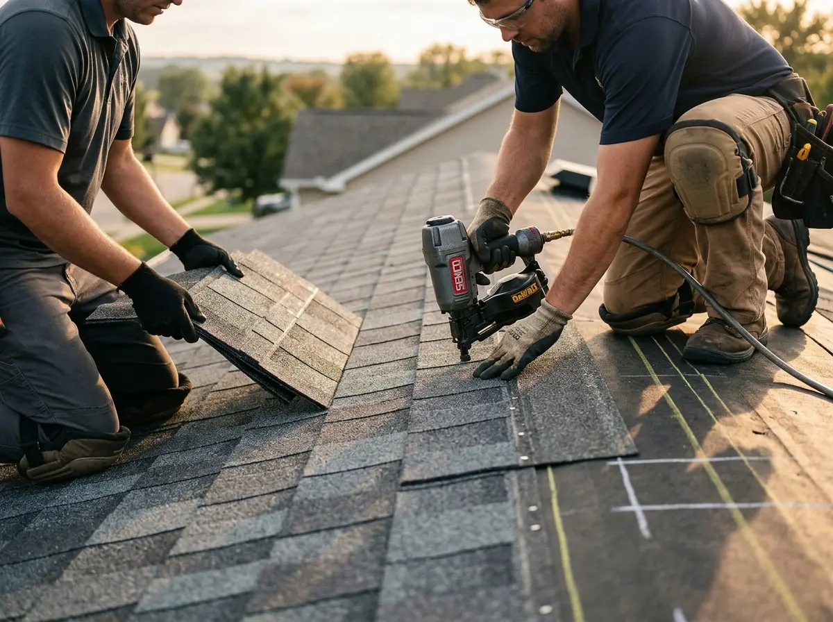 Professional roofer working on a residential roof in Patterson
